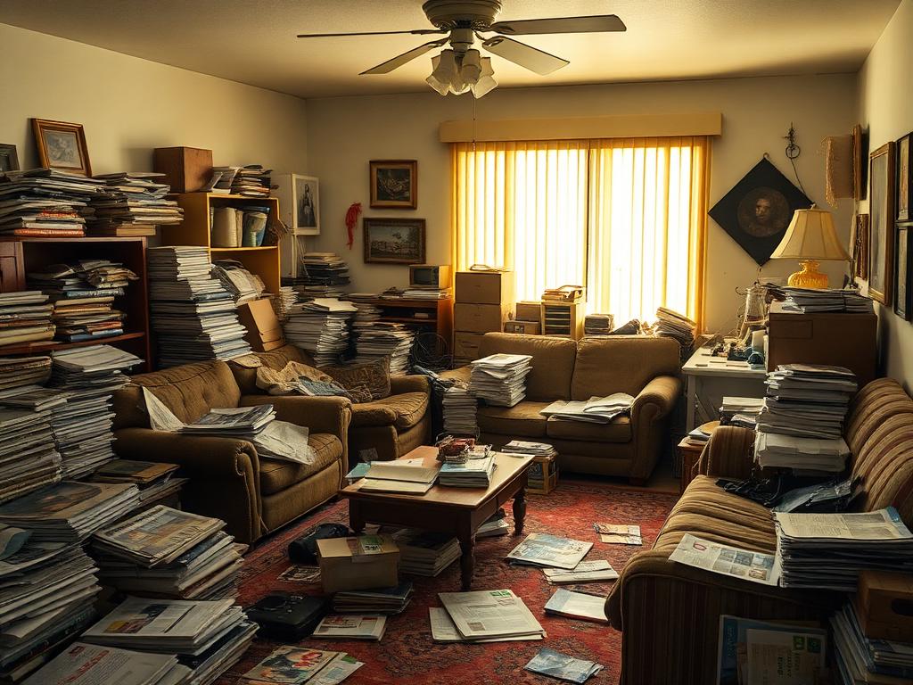 Living room filled with furniture, papers and boxes before estate cleanout