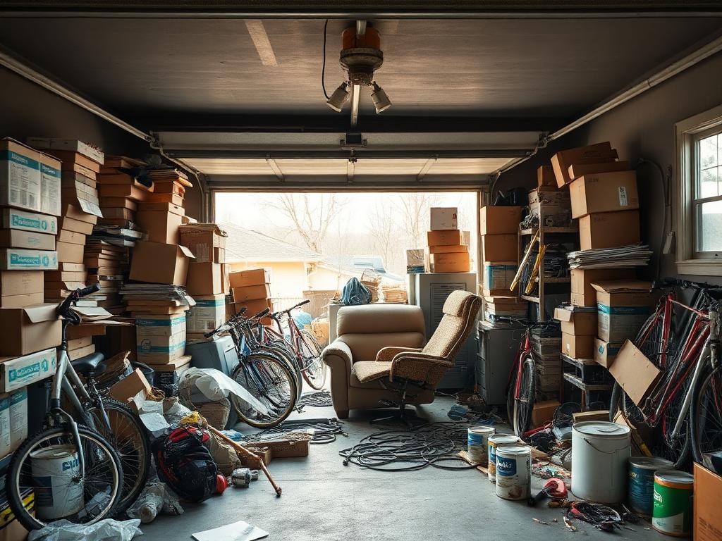 Garage packed with boxes, bikes and old furniture before cleanout