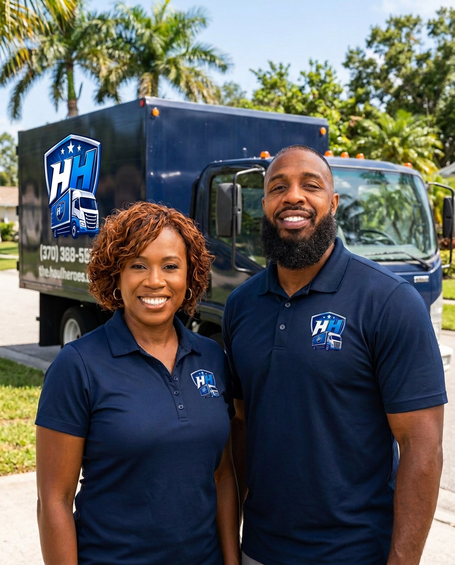 Kim Tucker and Chandler Congo of The Haul Heroes in branded navy polos in front of their truck