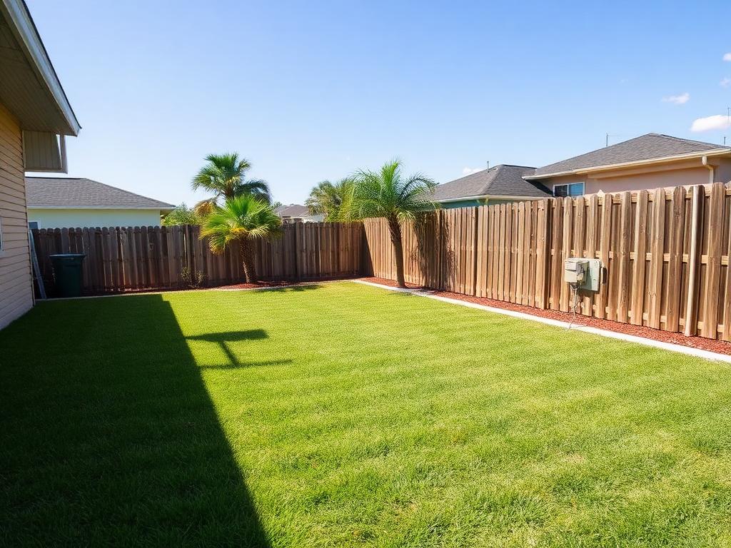 The same backyard fully cleared with a tidy green lawn