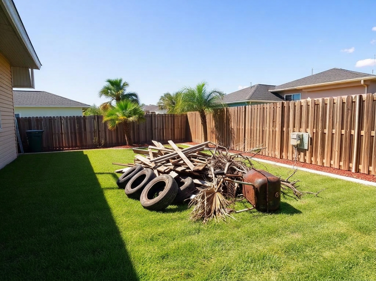 Backyard piled with lumber, tires and palm debris before pickup